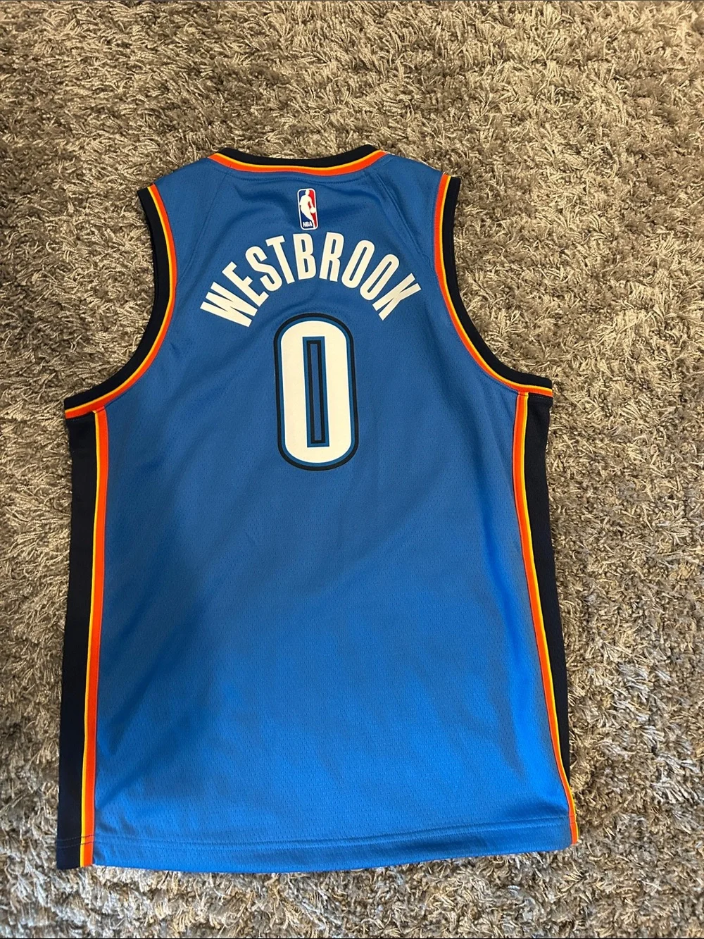 Nike Blue Oklahoma City Thunder Westbrook #0 Jersey with Orange and Black Trim
